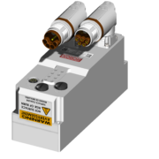 Connettore elettrico con doppia connessione, etichette di avvertenza e dettaglio delle specifiche tecniche.