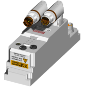 Dispositivo elettrico con doppio connettore e avviso di superficie calda. Design robusto e funzionale.