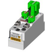 Dispositivo elettronico industriale con connettori verdi, etichetta di avvertimento per rischio di ustioni.