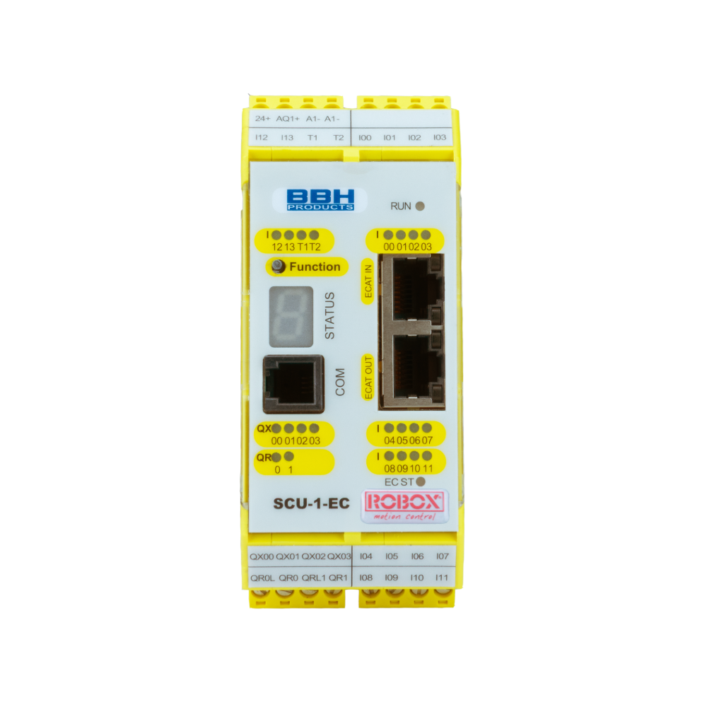 plc safety scu-1-ec Modulo di controllo industriale Robox SCU-1-EC con connettori Ethernet e indicatori LED.