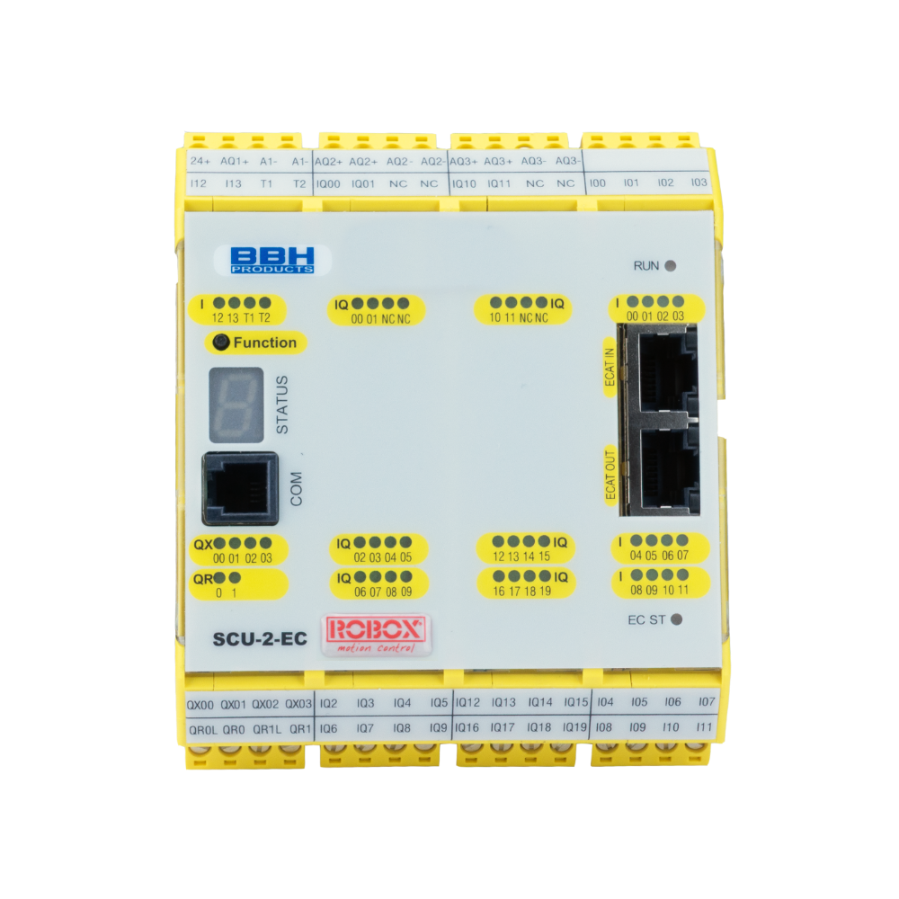 plc safety scu-2-ec Controller elettronico SCU-2-EC di BBH Products con connettori e sigle di funzionamento.