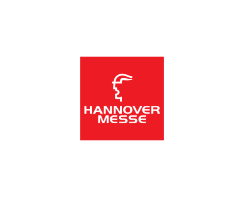 Red Hannover Messe logo with white industrial profile graphic and text.