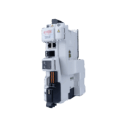 Modulo elettronico bianco con connettori industriali, marchio RoboX visibile, visto di lato, sfondo trasparente.