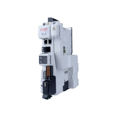 White industrial device with digital display and connectors for automation systems.