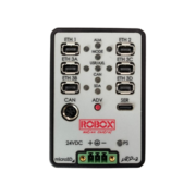 Pannello di controllo per automazione industriale con porte Ethernet, connettori CAN, microSD e alimentazione 24VDC.