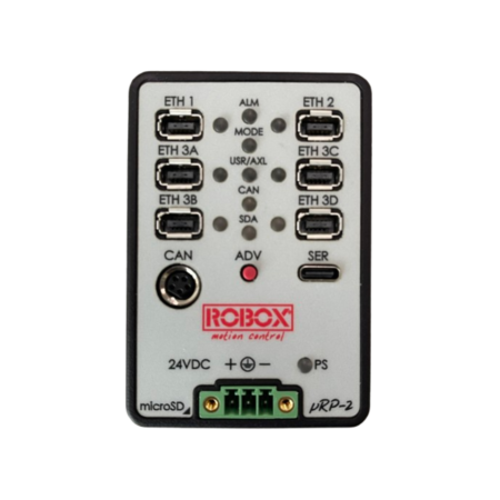 Robox motion control device with multiple Ethernet ports, CAN, and microSD slot, model vRP-2, 24VDC power input.