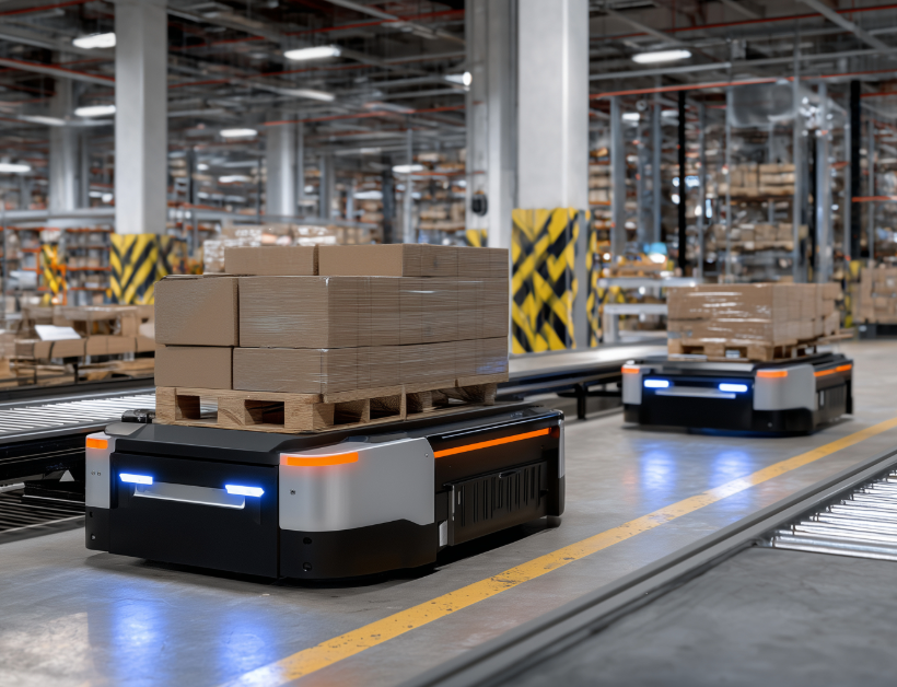 robox-spa-plc-safety-agv Automated robots transporting pallets in a modern warehouse environment with high-tech equipment.