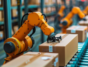 sicurezza robotica Braccio robotico giallo in fabbrica automatizzata sposta scatole su nastro trasportatore, in un ambiente industriale moderno.