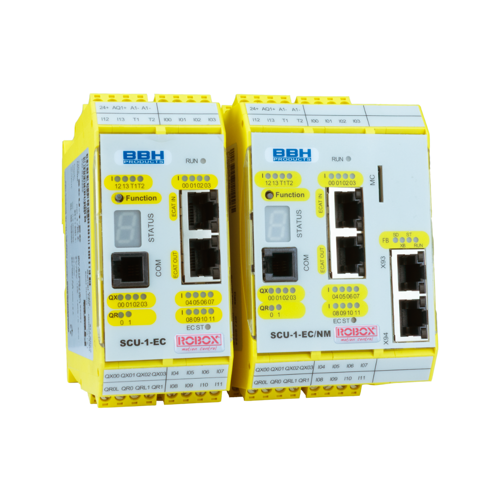 plc safety scu-1-ec/x Due moduli di controllo industriale gialli con etichette e connessioni per sistemi di automazione.