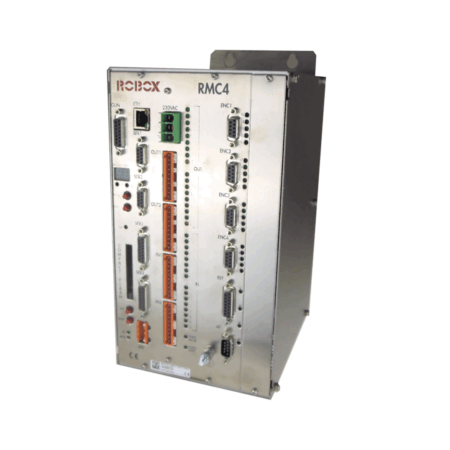 Unità di controllo industriale Robox RMC4 in metallo con porte di connessione multiple.
