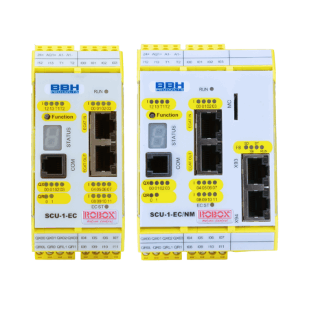 Due moduli di controllo industriale gialli BBH Products SCU-1-EC con varie connessioni e indicatori LED.