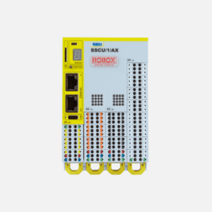 Modulo di controllo industriale giallo e bianco con porte Ethernet e connettori per automazione.