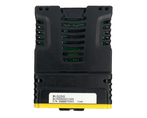 mis250 per azionamenti nidec Dispositivo elettronico nero con etichette seriali, ventole di raffreddamento e dettagli di design.