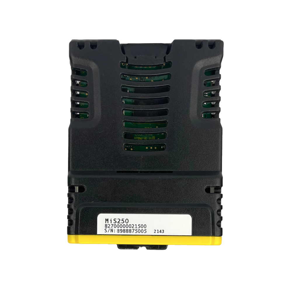 mis250 per azionamenti nidec Dispositivo elettronico nero con etichette seriali, ventole di raffreddamento e dettagli di design.