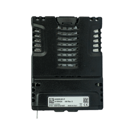 Black electronic device with vents and label, featuring product codes and made in Italy.