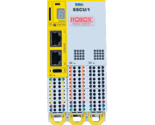 Modulo industriale per controllo movimento, connettori Ethernet, display LED e indicatori di funzione.