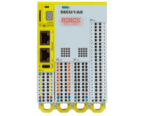 Modulo elettronico SSCU/1AX per controllo movimento industriale con porte Ethernet e indicatori LED.