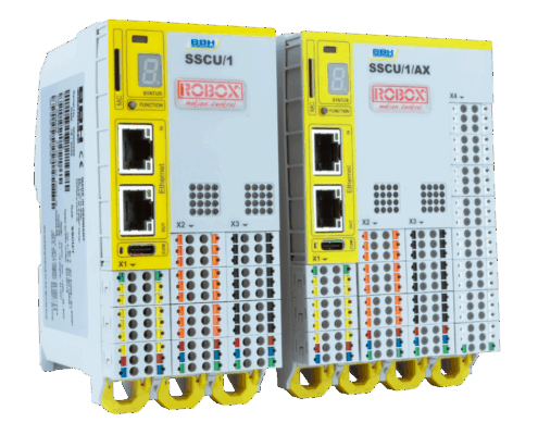 Dispositivi elettronici di controllo industriale Robox SSCU per automazione, con porte Ethernet e interfacce connettive.